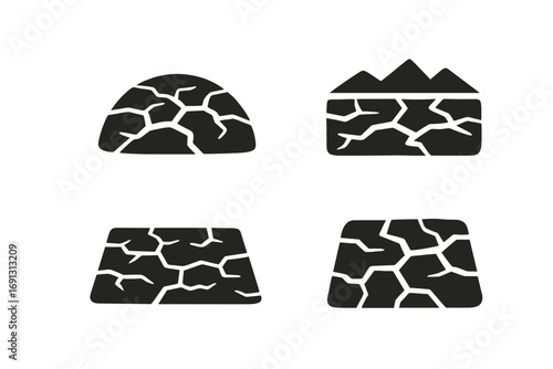 Cracked earth icon set. Dry soil, desert ground, drought field concept. Fissured land vector symbol. Metaphor for climate change, aridity, and environmental disaster.