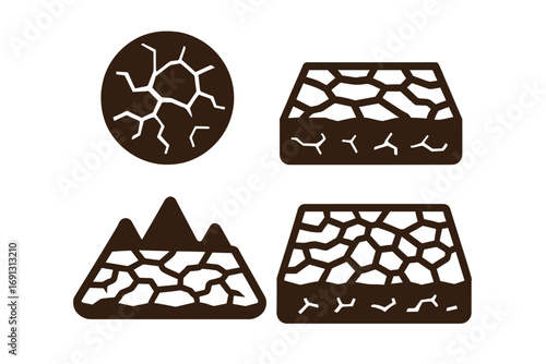 Cracked earth icon set. Solid vector icons of dry soil and desert ground. Concept for drought, climate change, aridity, barren land, and environmental disaster. Fissured clay.