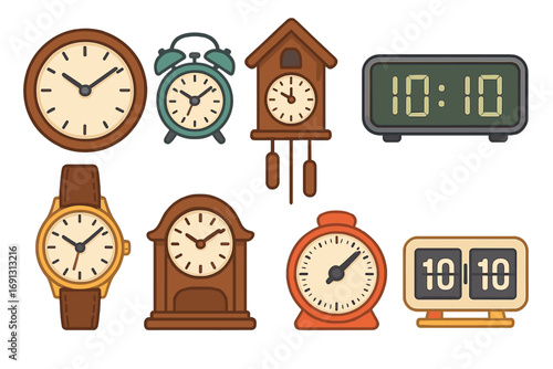 Clock collection vector flat illustration set. Timekeeping icons: alarm, watch, digital, cuckoo, wall clock. Concept for deadline, minute, hour, schedule, time management.
