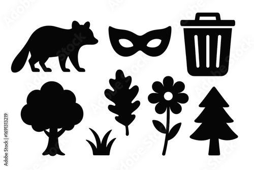 Raccoon silhouette icon set with nature elements. Vector collection of urban wildlife, mask, trash can, forest tree, leaf, and flower. Black and white cartoon illustration.