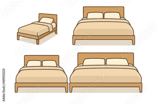 Collection of minimalist beds in various sizes. Single, double, queen, king size bed set. Modern wooden bedroom furniture for home interior design. Simple comfort concept. Vector