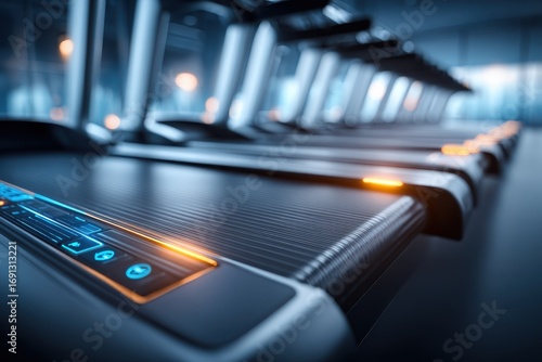 Wallpaper Mural A row of modern treadmills in a high-tech gym with blue and orange lighting. Torontodigital.ca