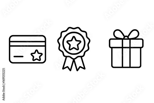 Loyalty program icons set with member card, award badge, and gift. Vector line art for customer rewards, bonus points, marketing. Vip membership benefits, prize concept.