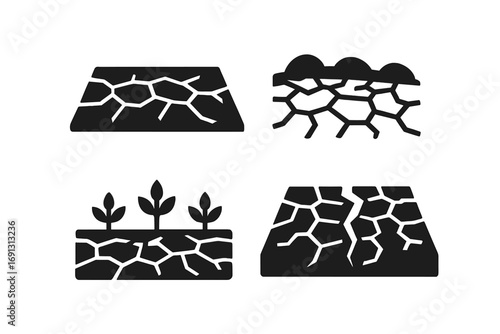 Cracked earth vector icon set. Solid glyphs showing dry soil, fissured ground, and desert land. Concept for drought, climate change, disaster, aridity, and barren fields.