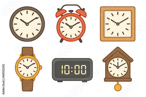 Clock and watch icon set. Vector flat illustration of various timekeeping instruments. Collection includes alarm clock, wristwatch, digital, cuckoo, and wall clock designs.
