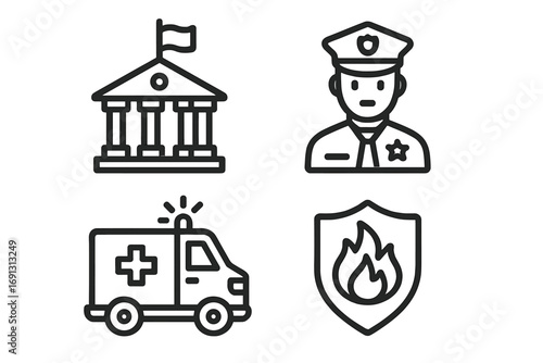 Government services icon set. Public safety and emergency line icons. Police, fire department, ambulance, and courthouse vector symbols. Simple outline illustration.