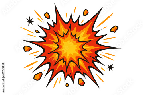 Explosion comic cartoon. Boom pop art style element. Bang fire bomb blast. Vector illustration isolated. Dynamic burst effect. Pow flash symbol for surprise or danger.