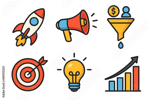 Business marketing icon set. Vector cartoon illustration. Rocket for launch, megaphone promotion, sales funnel leads, target goal, lightbulb idea, graph for growth. Strategy success concept.
