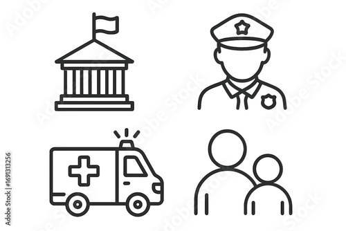 Essential public services line icon collection. Vector illustration of government, police officer, ambulance, and people. Law, order, justice, healthcare, and social care concepts.