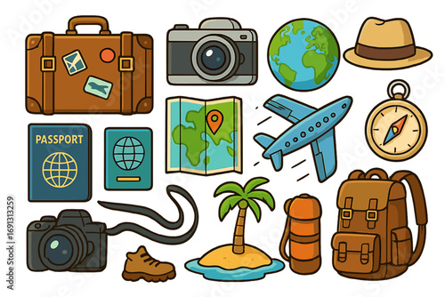 Travel adventure essentials and world exploration icons set. Suitcase, backpack, camera, globe, airplane, passport, map, compass, palm island. Tourism journey trip vector illustration.