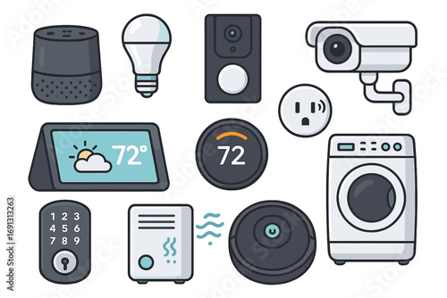Smart home technology vector icon set. Modern cartoon illustration of IOT devices. Home automation concept with security camera, lock, thermostat, and voice assistant.