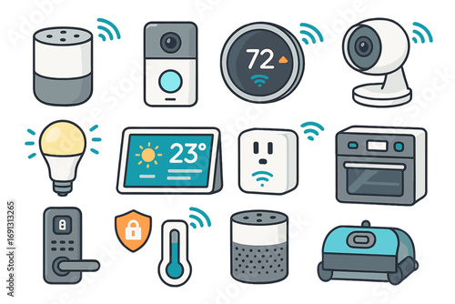Smart home automation icon set. Vector illustration of IoT devices and modern smart appliances. Includes speaker, security camera, thermostat, lock, bulb, plug and doorbell.
