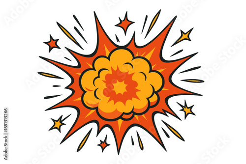 Comic book explosion. Cartoon pop art bomb blast. Boom cloud effect for surprise and action. Vector illustration of a powerful bang with fire, stars and dynamic elements.