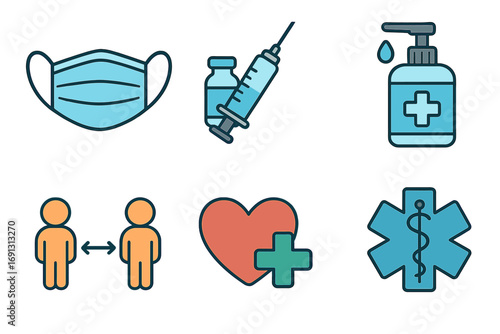 Health and safety icons set for pandemic prevention. Face mask, vaccine shot, hand sanitizer, social distancing, and healthcare symbols. Medical vector cartoon illustration.