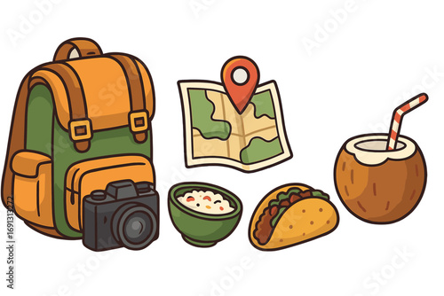 Adventure travel essentials vector illustration featuring backpack, camera, map with pin, local Asian rice bowl, taco, coconut drink, exploring food journey, transparent background cartoon
