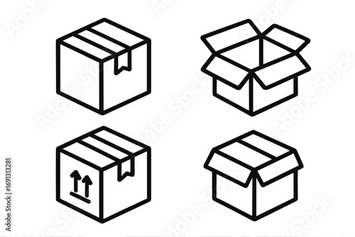 Packaging box outline icon set. Carton shipping container line art collection. Vector delivery service symbols for parcel, logistics, and fragile goods. Open and closed boxes.
