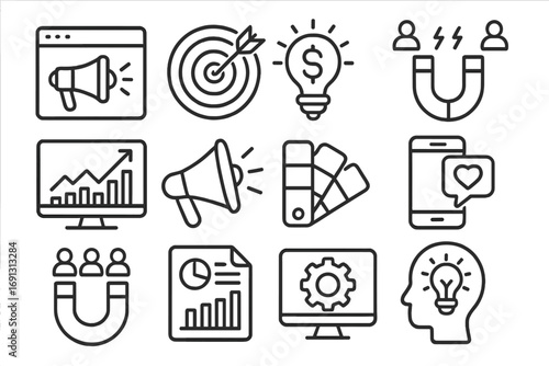 Set of linear icons for digital marketing strategy and tools. Concepts for advertising, customer acquisition, analytics, social media, lead generation, SEO, and growth.
