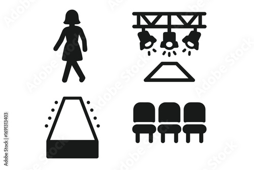 Fashion show icon set. Runway collection with model walking on catwalk, stage lighting rig, and front row seats. Vector glyphs for fashion week, style event, and design.