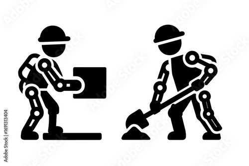 Exoskeleton worker icon set. Powered armor for construction and warehouse jobs. Bionic suit for lifting heavy loads and digging. Manpower enhancement and physical support.