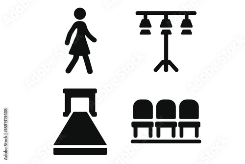 Fashion show solid glyph icon set. Runway model walking on catwalk, stage lighting rig, front row audience seats. Vector silhouette symbols for fashion week event.