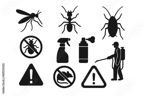 Pest control service silhouette icon set. Vector symbols of insects, bugs, and rodents. Features an exterminator, chemical sprays, and caution signs for disinfection work.