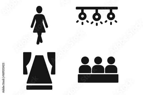 Fashion show runway icon set. Vector glyphs of model walking on catwalk, stage lighting, audience in front row seats. Apparel industry, haute couture, glamour & style symbols.