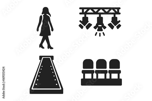 Fashion show runway icons. Catwalk event solid glyph set. Model walk silhouette. Stage lighting rig. Podium. Audience front row seats. Vector for fashion week design.