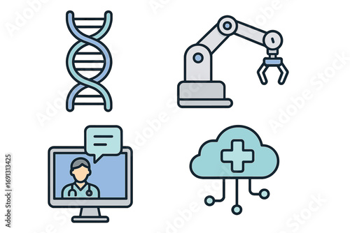 Medtech innovation icons. DNA for genetic research, robotics for surgery, telehealth for remote consultation, health cloud data. Future of medicine vector cartoon set.