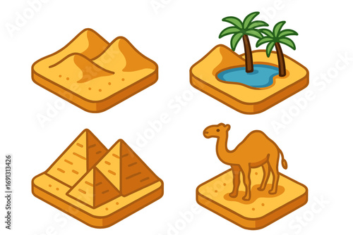 Isometric desert icon set. Vector cartoon graphics collection of Sahara elements. Sand dunes, oasis with palm trees, Egyptian pyramids, and camel. Egypt travel symbols pack.