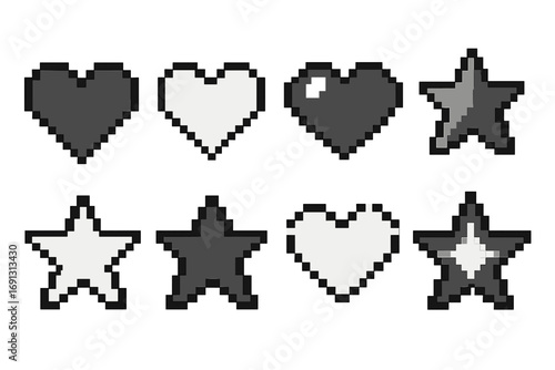 Pixel art heart and star icon set. Retro 8 bit video game assets. Black and white life bar, health, favorite, or rating symbol. Vector graphic element collection for UI.