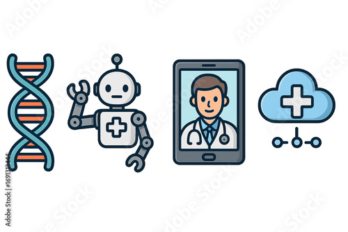 Medical technology icon set with DNA for genetics, robot for AI in medicine, smartphone for telehealth online doctor consultation, and cloud for electronic health records.