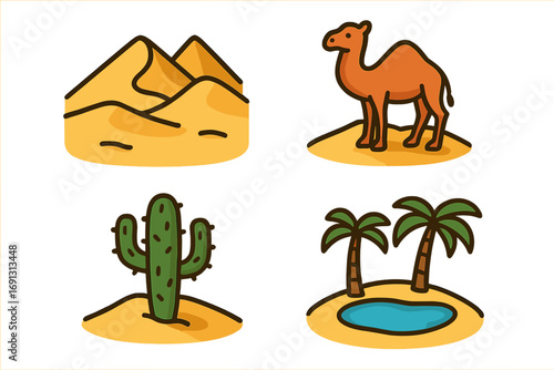 Desert and oasis icon set. Vector cartoon illustration of Sahara symbols. Camel, sand dunes, cactus, and palm tree graphics collection for travel and nature design.