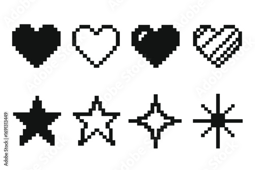 Pixel art heart and star icon set. 8-bit retro video game assets. Black and white vector symbols for life, love, favorite, and rating. GUI elements for arcade games.