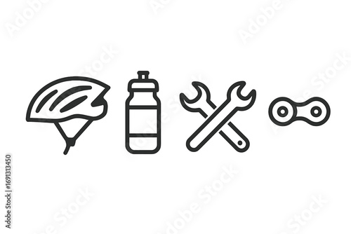 Bicycle gear icon set. Cycling equipment, safety helmet, water bottle, bike repair tools, and chain link. Minimalist line art vector illustration for sport and maintenance.