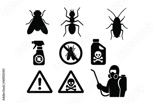 Pest control silhouette icon set. Vector symbols of insects like ant, fly, cockroach. Exterminator with sprayer, chemical poison bottle, toxic and caution warning signs.
