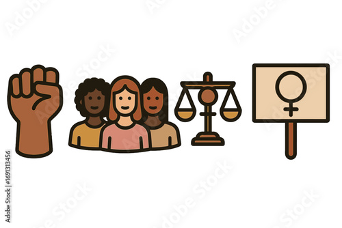 Feminism and racial equality icon set. Vector illustration of unity, diversity, and women's rights. Includes raised fist, protest sign, justice scales, and diverse people.