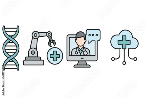 Medical technology icon set with DNA for genetic research, robotic arm for surgery, telehealth for online consultation, and cloud for data. Health tech innovation concept.