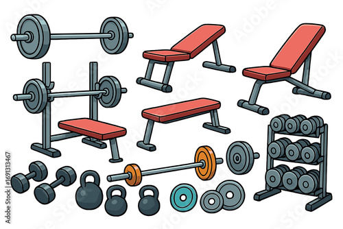 Gym equipment set vector. Cartoon fitness weights, dumbbells, barbells, kettlebells, adjustable benches, bench press, weight plates, strength training, workout exercise, home gym, isolated icons