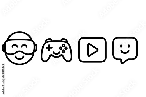 Digital bliss and online entertainment icon set. Vector outline icons of a happy VR headset user, smiling gaming controller, video streaming button, and social media chat.
