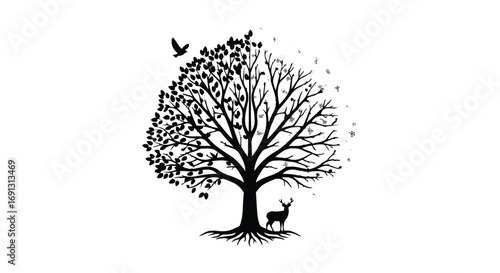 A solitary deer rests beneath a striking tree symbolizing the cycle of seasons, from lush leaves to bare branches.