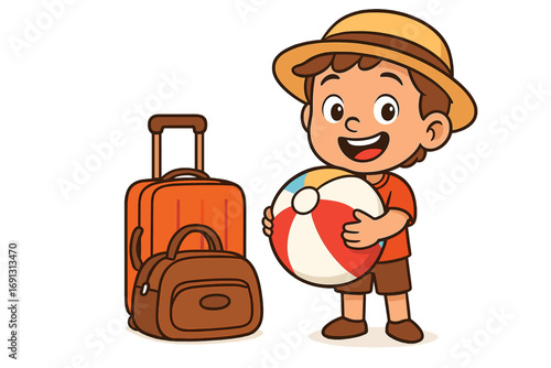 Happy Smiling Child Holding Beach Ball With Orange Luggage, Backpack, Ready For Summer Vacation Or Holiday Trip, Cute Cartoon Boy In Hat, Fun Travel Adventure, Kids Leisure, Transparent Vector Art
