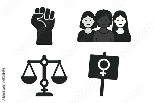 Feminism icon set. Social justice concepts. Women's rights, racial equality, unity. Vector glyphs. Raised fist, diverse women, justice scales, female protest sign.