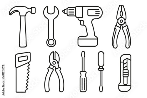 Construction tools line icon set. Home repair and DIY project symbols. Hammer, drill, wrench, pliers, screwdriver and saw. Handyman or workshop equipment vector collection.