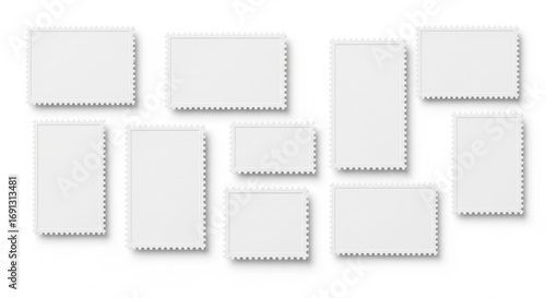 Blank White Postage Stamps Collection Mockup with Different Sizes on Isolated transparent background