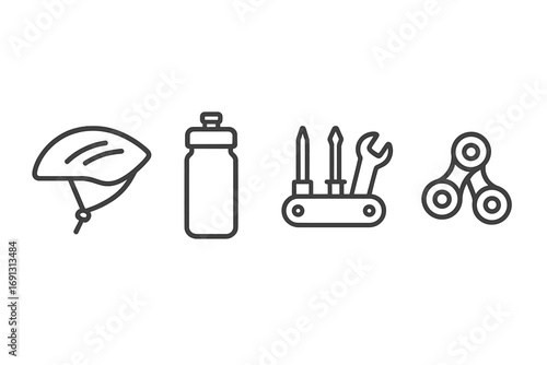 Bicycle gear icon set. Minimalist line art of bike equipment. Vector outline illustration of cycling accessories like helmet, water bottle, multi-tool, and chain repair link.