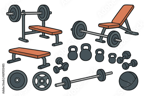 Cartoon vector set of gym equipment for strength training, fitness and bodybuilding. Weight bench, dumbbells, kettlebells, barbells, medicine ball, athletic workout accessories, powerlifting tools