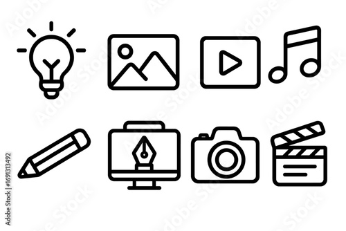 Creative media line icon set. Digital content creation symbols for video, photo, music, art and design. Vector illustration of multimedia elements like camera, clapperboard, pen tool.