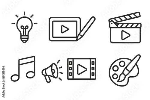 Creative process icon set. Line art for digital media and content creation. Vector symbols for idea, video editing, film production, music, marketing, and art illustration.