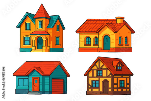 House collection vector set. Four distinct architectural styles. Cartoon illustration home facades. Real estate property icons. Victorian, tudor, modern and suburban buildings.