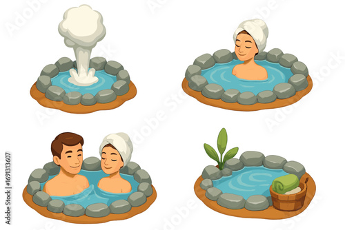 Geothermal hot springs isometric icons set. 3D spa, wellness symbols. Vector cartoon illustration of people relaxing in Japanese onsen. Couple and woman enjoying vacation.